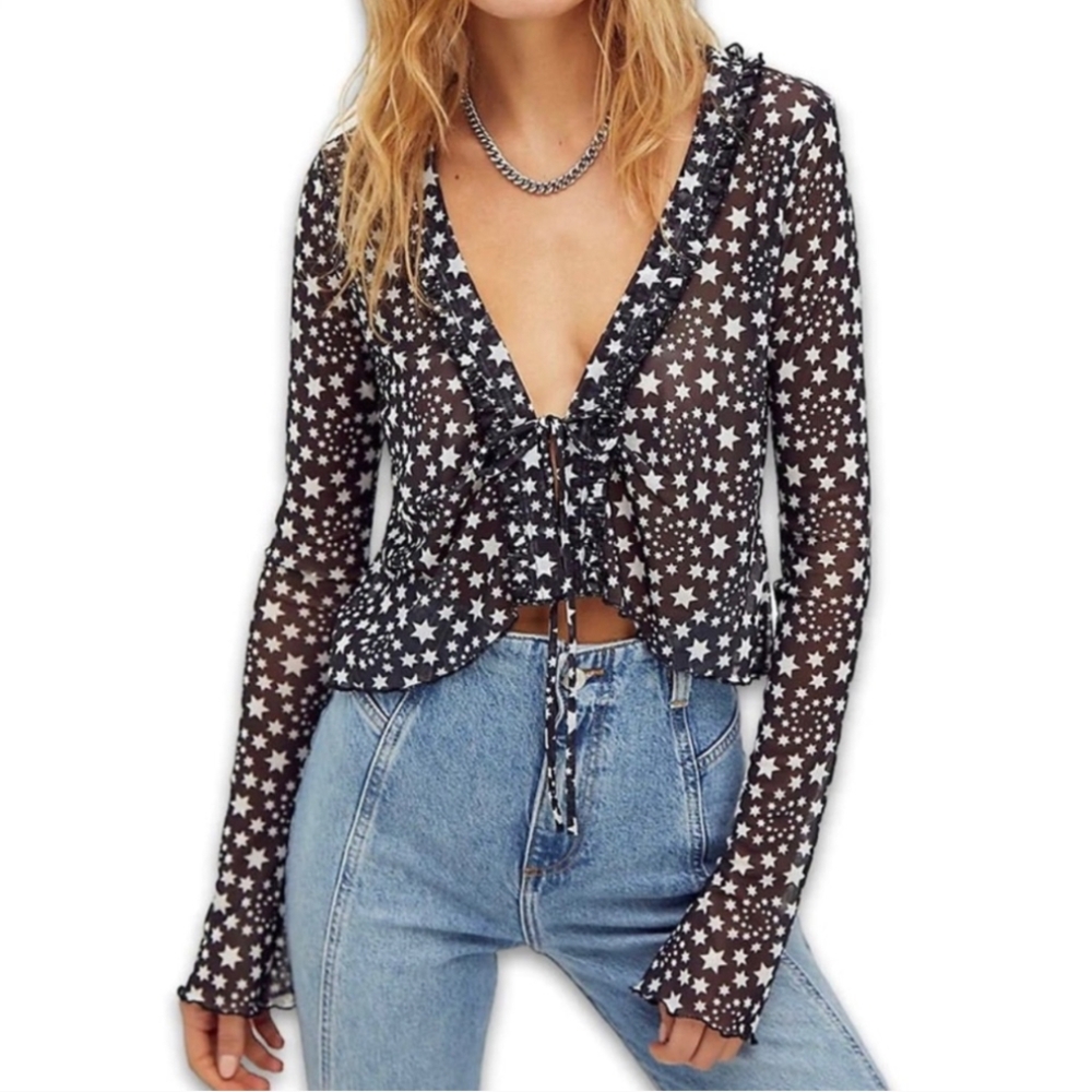Free People Marne top, mesh sheer tie front, black white star print, size M